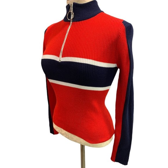 Small Trendy JS Women's Red Fitted 0-Ring Zip Mock Neck Sweater - Picture 3 of 7